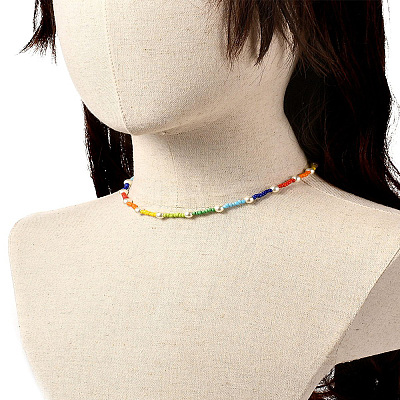 Glass Seed & Glass Pearl Beaded Necklace for Girl Women X1-NJEW-TA00007-1