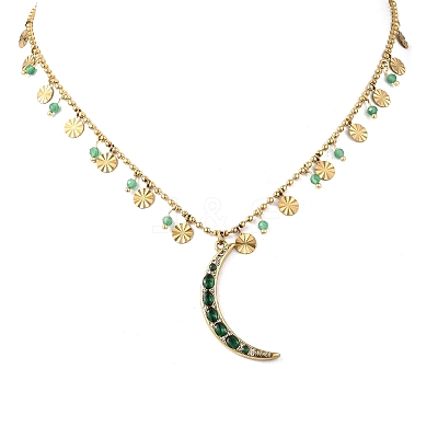304 Stainless Steel Pave Green Cubic Zirconia Moon Pendant Necklaces for Women NJEW-F362-03G-1