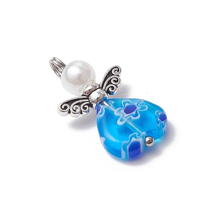 Handmade Millefiori Lampwork Beads and ABS Plastic Imitation Pearl Round Beads and Tibetan Style Alloy Fairy Wing Beads and 304 Stainless Steel Ball Head Pins Pendants PALLOY-JF03740-02-1
