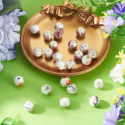 24Pcs 4 Colors Handmade Flower Printed Porcelain Ceramic Beads PORC-TADJ0001-07-1