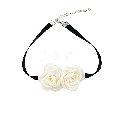 Double 3D Rose Polyester Band Choker Necklaces with Alloy End Chains FS-WG50A3E-02-1