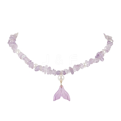 Natural Ametrine Chip & Imitaton Round Pearl Beaded Adjustable Necklaces NJEW-JN05227-04-1