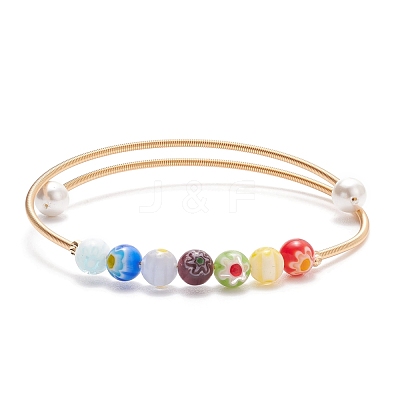 Handmade Millefiori Glass Round Beaded Cuff Bangle with Pearl BJEW-JB08327-1