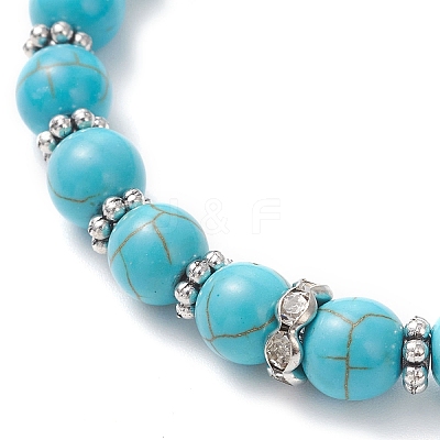 Halloween Brass Crystal Rhinestone & Dyed Synthetic Turquoise Skull & Round Beaded Stretch Bracelets for Men Women BJEW-JB12254-03-1