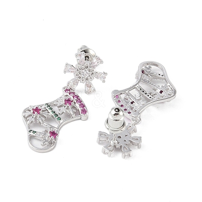 Christmas Socking & Snowflake Brass Pave Colorful Cubic Zirconia Dangle Stud Earrings for Women EJEW-M257-03P-1