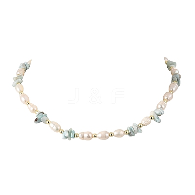 Natural Larimar Chip & Rice Cultured Freshwater Pearl Beaded Necklaces for Women NJEW-JN06665-01-1