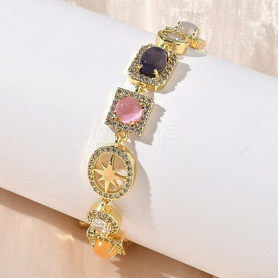 Brass Micro Pave Cubic Zirconia & Cat Eye Rectangle & Square & Oval Link Chain Bracelets for Women BJEW-G764-08G-1