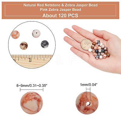 120Pcs 4 Sizes Natural Red Netstone & Zebra Jasper Bead & Pink Zebra Jasper Bead G-AR0003-98-1