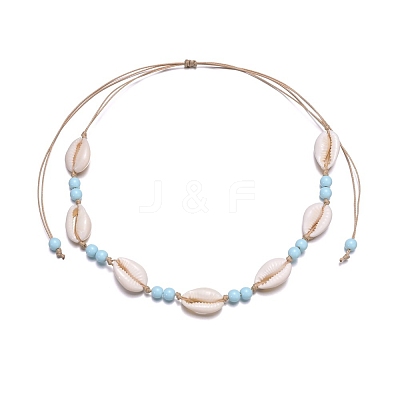 Natural Cowrie Shell & Round Acrylic Beaded Waxed Cord Braided Necklaces for Women FS-WG6249B-01-1