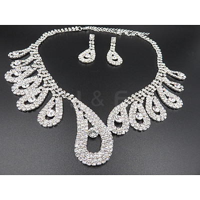 Teardrop Brass Rhinestone Pendant Necklaces & Stud Dangle Earrings Sets for Women WGD620E-02-1
