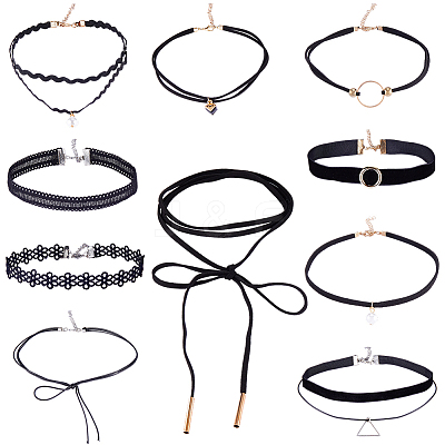 10Pcs 10 Styles Gothic Polyester Lace Choker Necklaces NJEW-SC0001-75-1