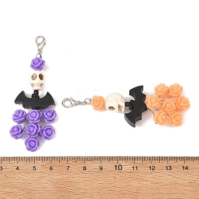 Halloween Synthetic Turquoise Skull & Wood Bat & Resin Rose Pendant Decorations HJEW-JM05046-1