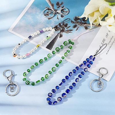 3Pcs 3 Style Glass Pearl & Lampwork & Glass Seed Beads Mobile Straps KEYC-OC0001-19-1