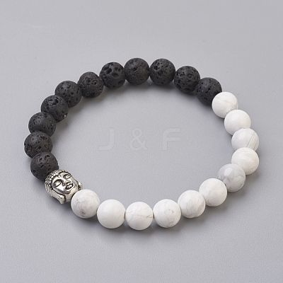 Natural Lava Rock Beads and Natural Howlite Beads Stretch Bracelets BJEW-JB03851-05-1