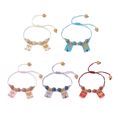 Natural Lava Rock & Mixed Stone & Glass Seed Beaded Braided Bracelets BJEW-MZ00063-1