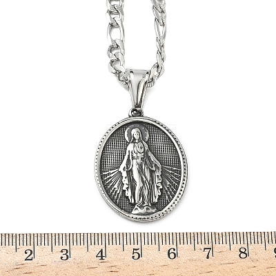 201 Stainless Steel Oval with Virgin Mary Pendant Figaro Chain Necklaces NJEW-C104-03-1