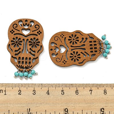 Laser Cut Poplar Wood Pendants Skull Charms with Dyed Synthetic Turquoise FIND-G073-05-1