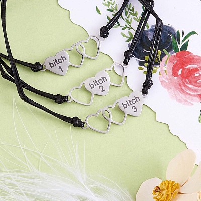 3Pcs 3 Style 430 Stainless Steel Heart with Word Bitch Link Bracelets Set JB717A-1