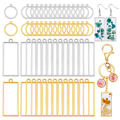 100Pcs 4 Style Alloy Open Back Bezel Rectangle & Ring Pendants FIND-GA0006-70-1
