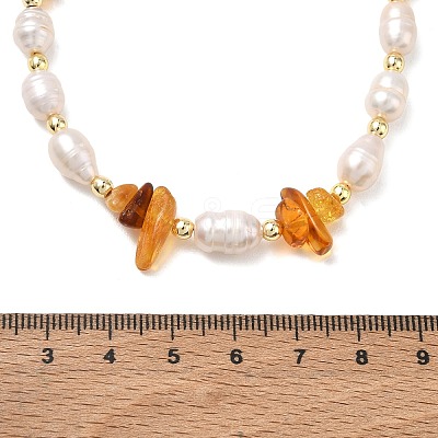 Natural Amber Chip & Rice Cultured Freshwater Pearl Beaded Necklaces for Women NJEW-JN06665-02-1