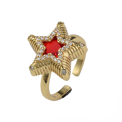 Cubic Zirconia Star Open Cuff Ring RJEW-N035-126C-1