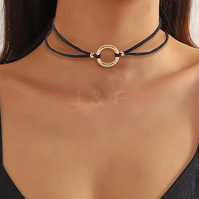 Alloy Ring Link Black Faux Suede Choker Necklaces NJEW-WH20002-11E-1