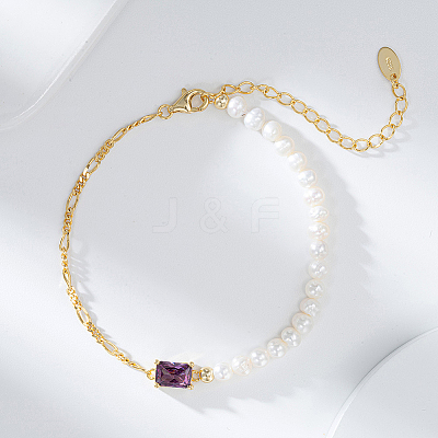 Natural Freshwater Pearls Beaded Bracelets with Cubic Zirconia Rectangle Link BJEW-I314-139-1