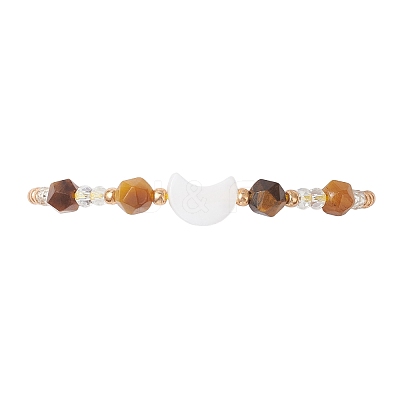 Natural Tiger Eye & Freshwater Shell Moon Charm Bracelets BJEW-MZ00303-02-1
