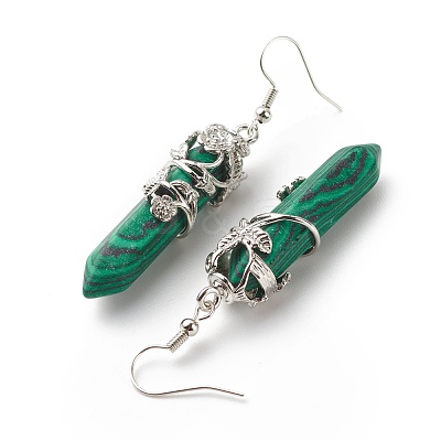 Synthetic Malachite Bullet with Flower Dangle Earrings EJEW-G300-02P-11-1