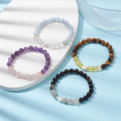 Natural & Synthetic Mixed Gemstone & Pearl Beaded Stretch Bracelets BJEW-JB09726-1