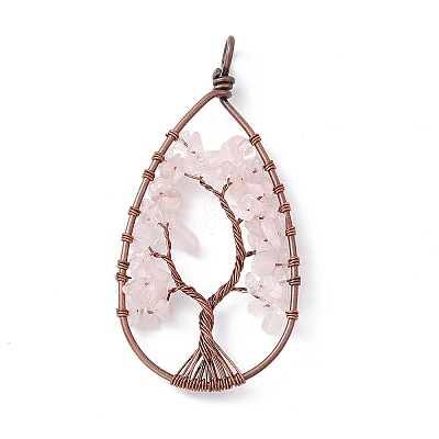 Teardrop Natural Rose Quartz Copper Wire Wrapped Chip Big Pendants G-E195-11R-01-1