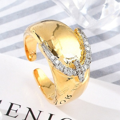 Brass Micro Pave Clear Cubic Zirconia Open Cuff Rings for Women RJEW-R011-03G-02-1