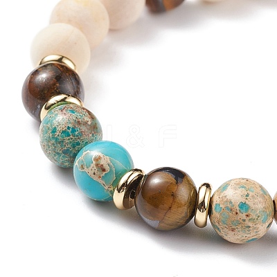 Natural Wood & Imperial Jasper(Dyed) & Tiger Eye Braided Beaded Bracelet BJEW-JB08210-1