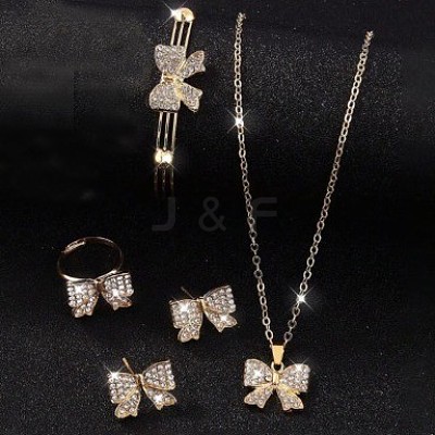 Bowknot Alloy Rhinestone Stud Errings & Ring & Pendant Necklaces & Bangle Sets for Women FS-WGFEA72-01-1