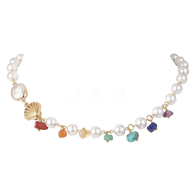 Round Shell Pearl & Natural Keshi Pearl Link Chain Necklaces NJEW-JN05332-1