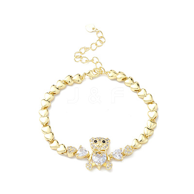 Cubic Zirconia Bear Link Bracelet with Heart Link Chains BJEW-H586-01G-1