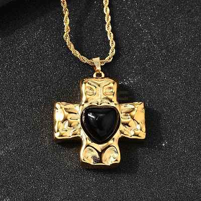 Cross with Heart 304 Stainless Steel Cubic Zirconia Pendant Necklaces NJEW-H070-01G-02-1