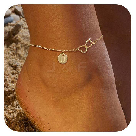 Brass Double Heart Link Flat Round Initial Charm Anklets for Women FS-WGA84B7-24-1