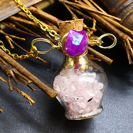 Natural Rose Quartz Chips Perfume Bottle Necklace BOTT-PW0008-01E-1