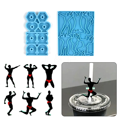 Exercising Men Shaped Straw Topper Silicone Mold Sets DIY-L067-I01-1