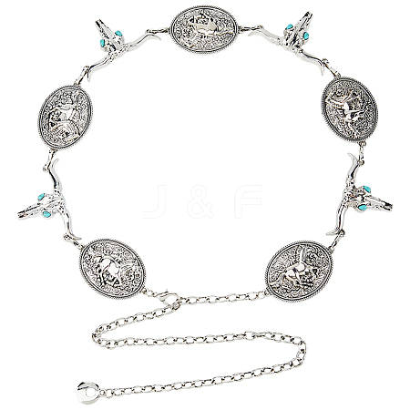 1Pc Tibetan Style Alloy Oval & Cattle Skull Head Link Chain Waist Belly Body Chains for Women AJEW-DC0003-23AS-1