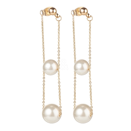 Round Shell Beads with Long Chain Tassel Dangle Stud Earrings EJEW-TA00092-1