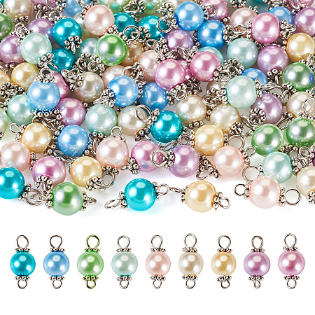 90Pcs 9 Colors Pearlized Glass Pearl Connector Charms PALLOY-TA0002-49A-1