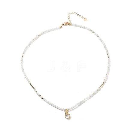 Cubic Zirconia Teardrop Pendant Necklace with Natural Moonstone Beaded Chains NJEW-JN04121-03-1