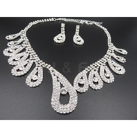 Teardrop Brass Rhinestone Pendant Necklaces & Stud Dangle Earrings Sets for Women WGD620E-02-1