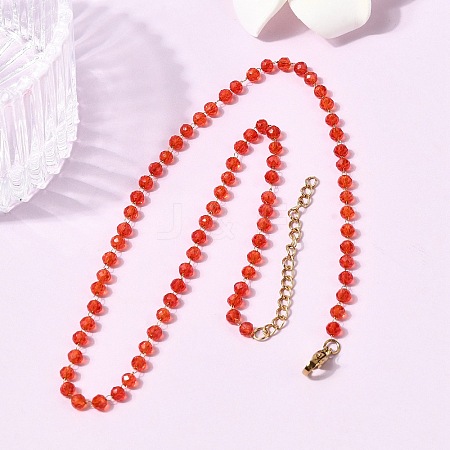 304 Stainless Steel with Glass Faceted Rondelle Bead Handmade Link Chain Birth Stone Necklaces for Women NJEW-G195-01G-02-1