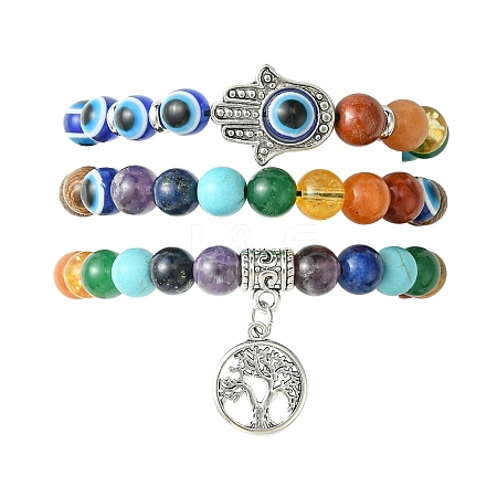 3Pcs 3 Styles Chakra Gemstone & Wood Evil Eye Braided Beaded Bracelet Sets BJEW-JB10905-1