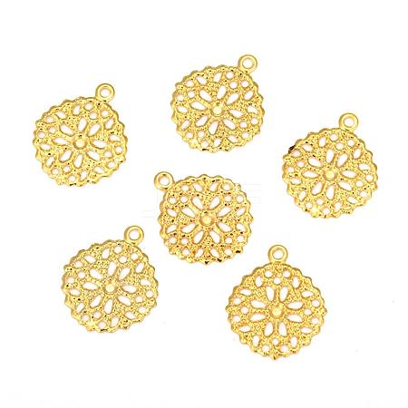 Flat Round Brass Flower Filigree Findings Charms Pendants X-KK-O015-05G-1