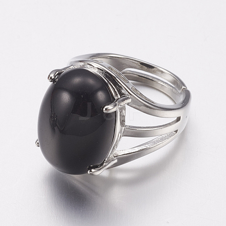 Natural Black Agate Wide Band Finger Rings RJEW-K224-A06-1