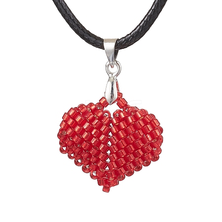 3D Heart Glass Seed Beads Pendant Necklaces NJEW-MZ00046-03-1